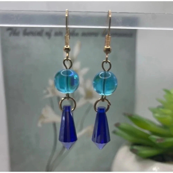 2 LEFT! Blue Beaded Geo Drop Earrings - Picture 1 of 3